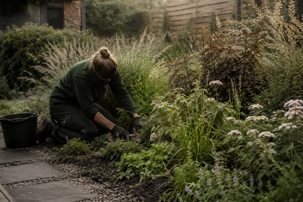 Hovenier aan het werk in een border