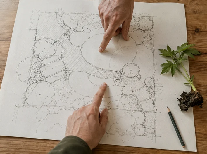 Ontwerptekening van een tuin op tafel