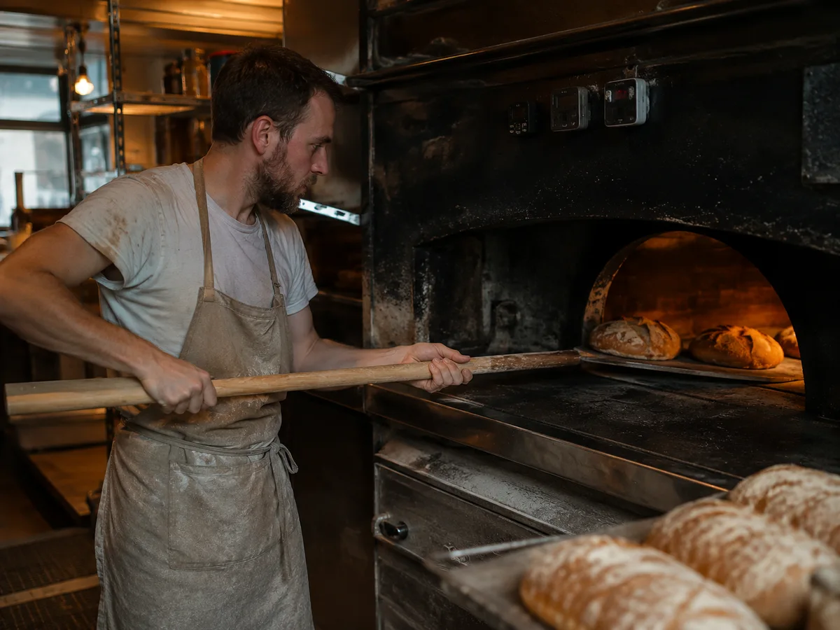 De bakker schiet brood in de steenoven