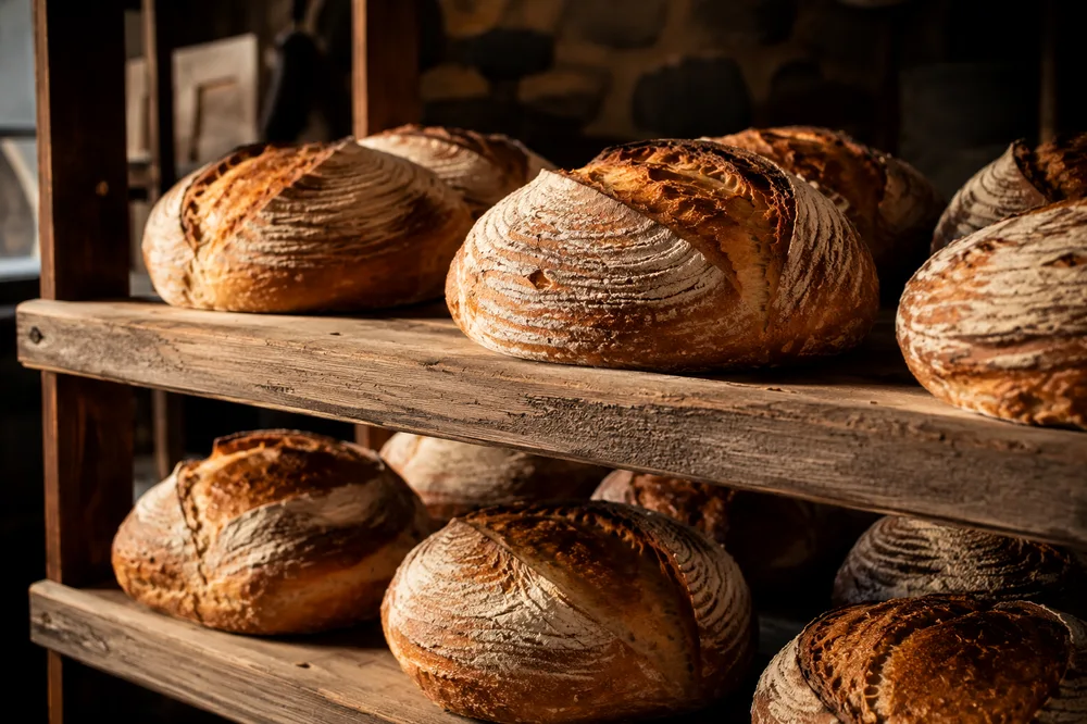 Vers brood op houten schappen