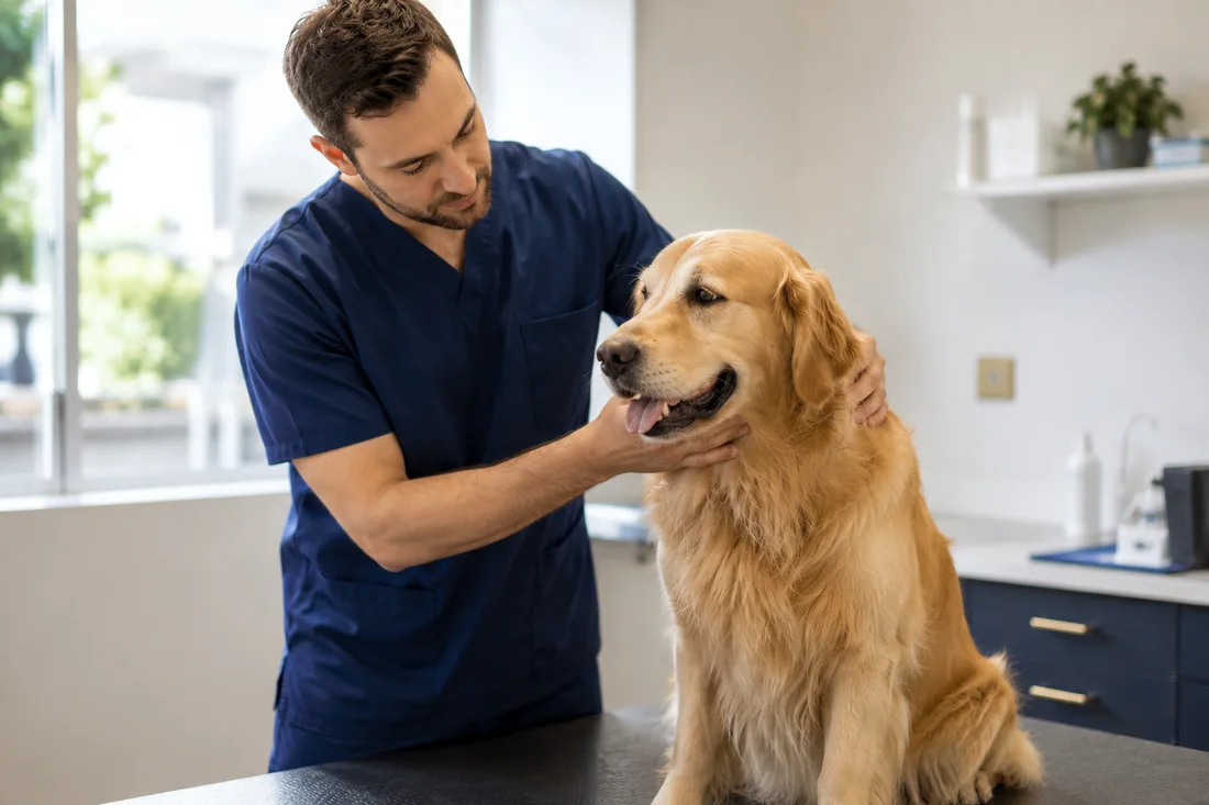 Dierenarts onderzoekt rustig een hond op de behandeltafel