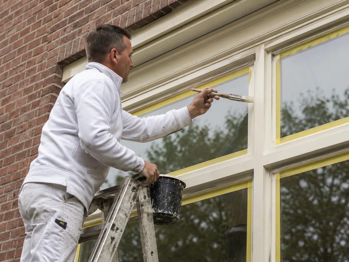 Schilder op ladder bij een strak afgeplakt kozijn