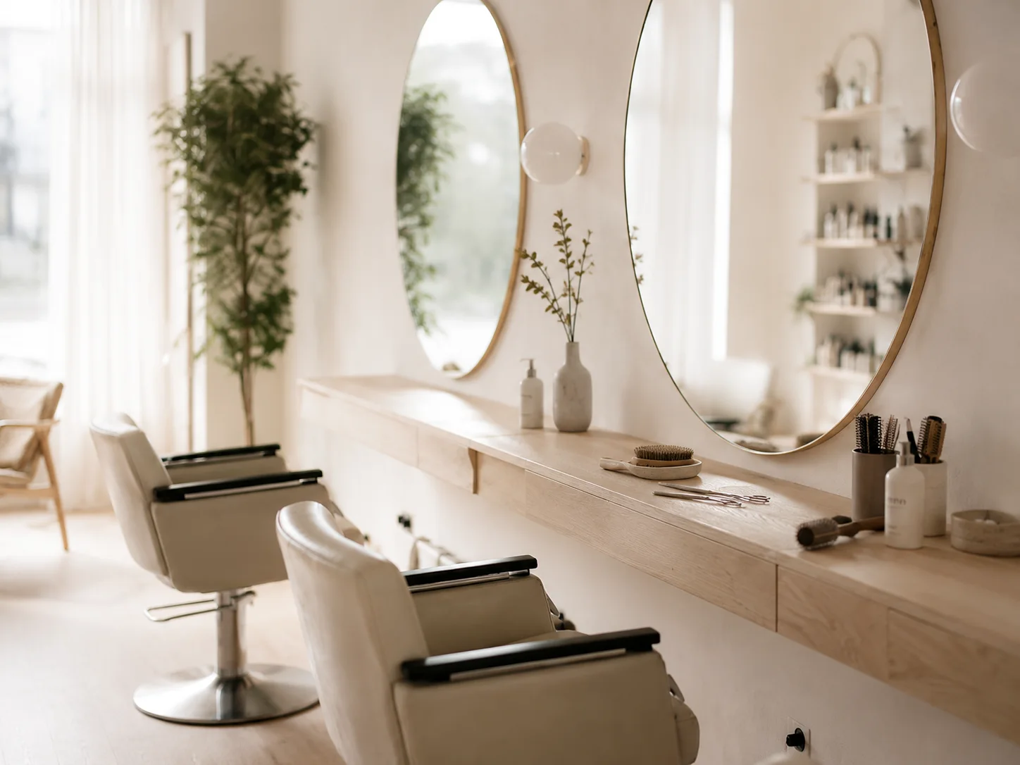 Stoelen en ronde spiegels in de salon
