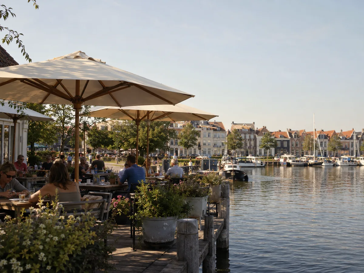 Het terras aan het water met parasols